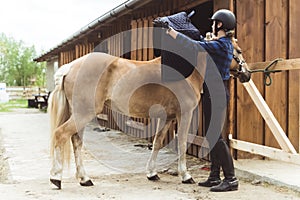 Jockey Placing A Saddle Pad On The Back Of Her Palomino Horse - Saddling Up