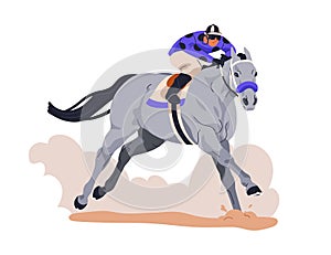 Jockey on racehorse. Horse rider on horseback in action. Equine sport, racing on track. Equestrian, horseman riding