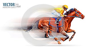 Jockey on racing horse. Champion. Hippodrome. Racetrack. Horse riding. Vector illustration. Derby. Speed. Blurred