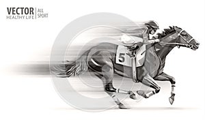 Jockey on racing horse. Champion. Hippodrome. Racetrack. Horse riding. Vector illustration. Derby. Speed. Blurred