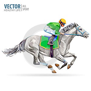 Jockey on racing horse. Champion. Hippodrome. Racetrack. Jump racetrack. Horse riding. Vector illustration. Derby photo