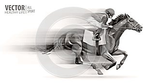 Jockey on racing horse. Champion. Hippodrome. Racetrack. Horse riding. Vector illustration. Derby. Speed. Blurred photo