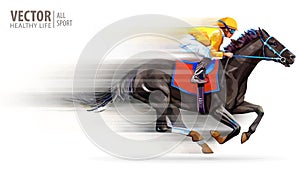 Jockey on racing horse. Champion. Hippodrome. Racetrack. Horse riding. Vector illustration. Derby. Speed. Blurred photo