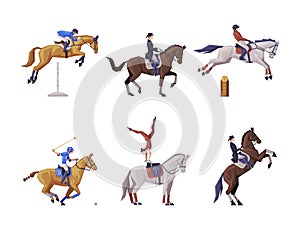 Jockey on Racing Horse Riding on Horseback in Saddle as Equestrian Sport Vector Set