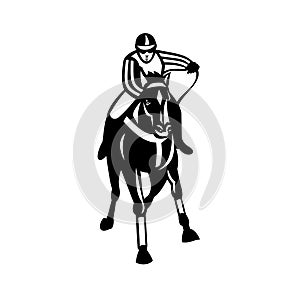 Jockey Racing Thoroughbred Horse Galloper Front View Retro Black and White