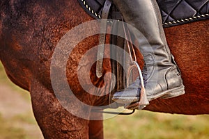 Jockey riding boot, horse saddles and stirrups