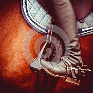 Jockey riding boot, horses saddle and stirrup photo