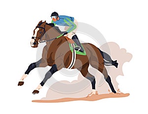 Jockey riding racehorse. Equestrian rider on race horse. Horseman on horseback, running fast. Equine sport, thoroughbred