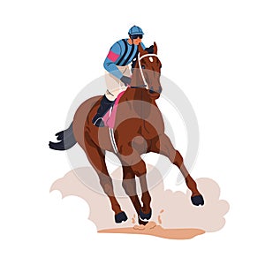 Jockey riding racehorse at fast speed. Equestrian horseman galloping on horse. Equine sport. Horseback rider on stallion