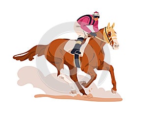 Jockey on sports racehorse. Equestrian, horse rider. Galloping stallion in action, racing rushing fast on track photo