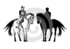 Jockey and standing horse black and white vector outline and silhouette