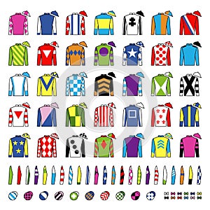 Jockey uniform. Traditional design. Jackets, silks, sleeves and hats. Horse riding. Horse racing. Icons set. Isolated on