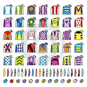 Jockey uniform. Traditional design. Jackets, silks, sleeves and hats. Horse riding. Horse racing. Icons set. Isolated on