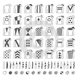 Jockey uniform. Traditional design. Jackets, silks, sleeves and hats. Horse riding. Horse racing. Icons set. Isolated on photo