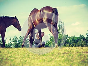 Jockey woman sitting with horses on meadow