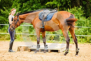 Jockey young woman getting horse ready for ride