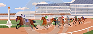 Jockeys riding horses on race track. Equestrians on racehorses competing on racetrack, running at fast speed on