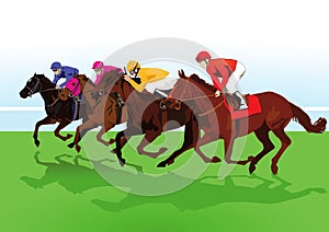 Jockeys riding racehorses photo