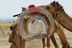 Man wearing turban and traditional dress gets his camel ready for a safari ride in the desert near Jodhpur, India.