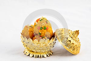 Jodhpuri Ladoo Mithai Also Called Boondi Or Bundi Ladoo In Golden Dessert Bowl. Meetha Laddoo Is Served To God In Indian Festivals