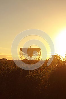 Jodrell Bank Observatory. The Lovell Radio Telescope at sunrise