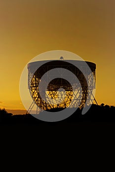 Jodrell Bank Observatory. The Lovell Radio Telescope at sunrise