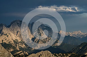 Jof di Miezegnot and JÃ´f Fuart peak from Mangart Pass, Triglav national park, Slovenia, Europe
