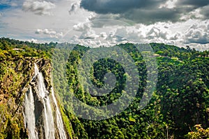 Jog falls from above flat angle shots with green dense forests