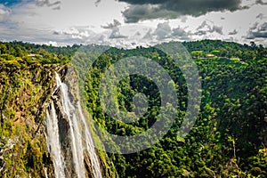 Jog falls nestled in western ghat forests from above flat angle shots