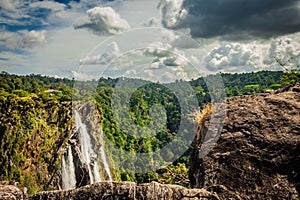 Jog falls nestled in western ghat forests from above flat angle shots