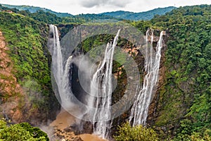 Jog Falls, Rocket Falls and Roarer Falls on Sharavathi River, in Western Ghats of Karnataka state in monsoon season.