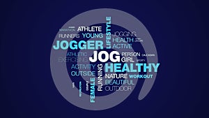 Jog healthy jogger lifestyle fit fitness sport exercise runner female people animated word cloud background in uhd 4k