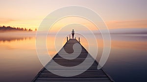 Joga at a wooden jetty or pier. Beautiful sunrise and fog in the far background. Quiet, relaxing atmosphere.