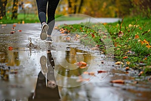 jogger dodging puddles on a park pathway after rain