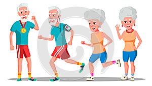 Jogger Old People Vector. Jogger Couple. Active Health Training. Illustration