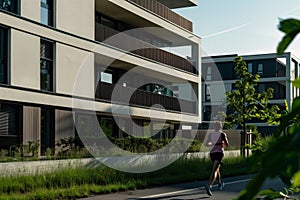 jogger passing by a contemporary apartment with a sleek faade