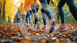 Joggers blend with autumn\'s colorful path.
