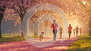 Joggers Running Through a Park in Springtime