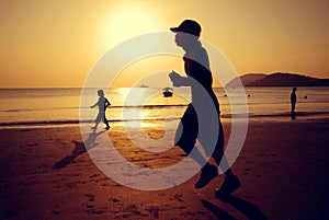 Jogging Beach Sunset Exercise Moving Concept