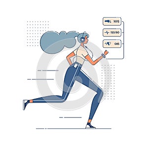 Jogging girl with smart watch, listening music in headphones. Young woman doing cardio fitness exercises. Active healthy