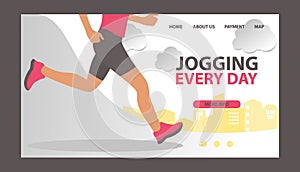 Jogging at morning and running man vector web template. Runner is engaged in fitness and active healthy lifestyle. Run