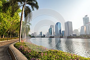Jogging path and flowerbed at the Benjakitti Park in Bangkok photo
