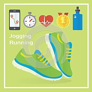 Jogging and running concept flat icons of gym, healthy food, metrics.