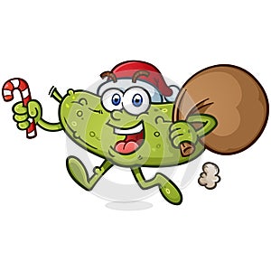 Jogging Santa Christmas Pickle Cartoon Character holding a Candy Cane and Santa\'s sack