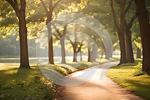 In a jogging serene park winding path surrounded by lush greenery. The early morning or late afternoon sunlight