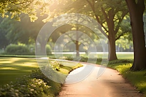 In a jogging serene park winding path surrounded by lush greenery. The early morning or late afternoon sunlight