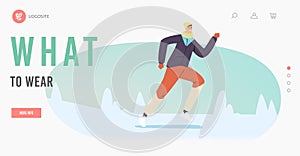 Jogging and Sport Healthy Wintertime Lifestyle Landing Page Template. Character in Warm Sports Wear Running at Winter