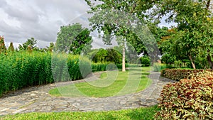 Jogging track in garden of public park among greenery trees, flower shrub and bush, grey stone pavement walkway beside green grass