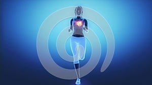 Jogging woman with heart scan in slow motion