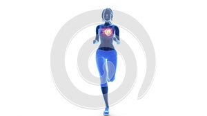 Jogging woman with heart scan in slow motion